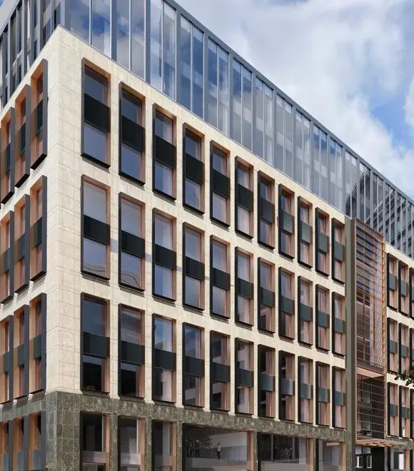 Modern office building with glass facade.