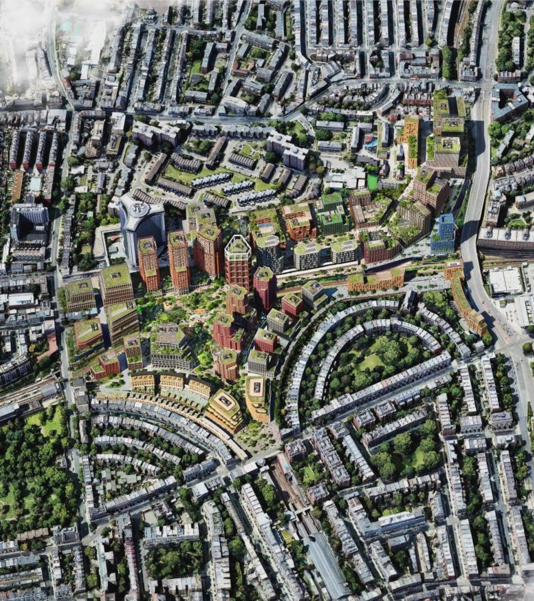 Aerial view of urban cityscape development plan.