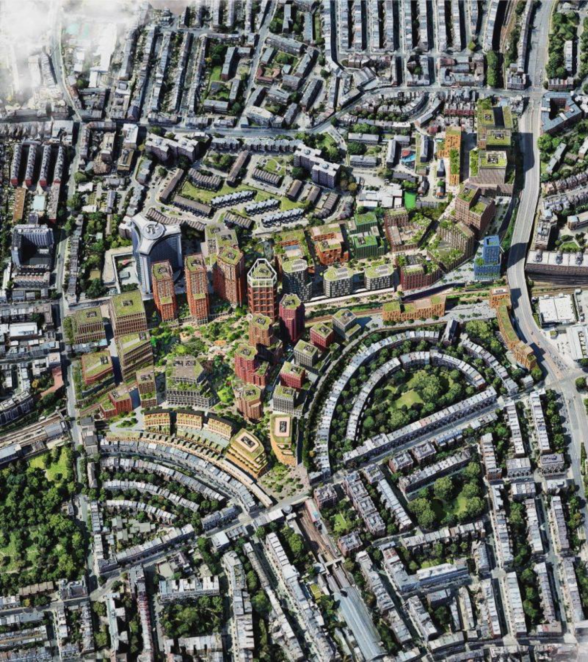 Aerial view of urban cityscape with buildings.