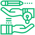 Icon showing hands exchanging a key and a pencil.