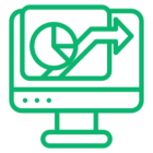 Green computer icon showing data analysis with charts and an upward arrow.