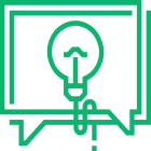 Icon of a hand turning on a light bulb inside a speech bubble.