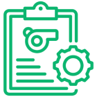 Green clipboard with a whistle and gear icon symbolizing coaching or management.