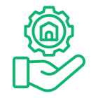 Green hand holding a gear with a house icon inside.