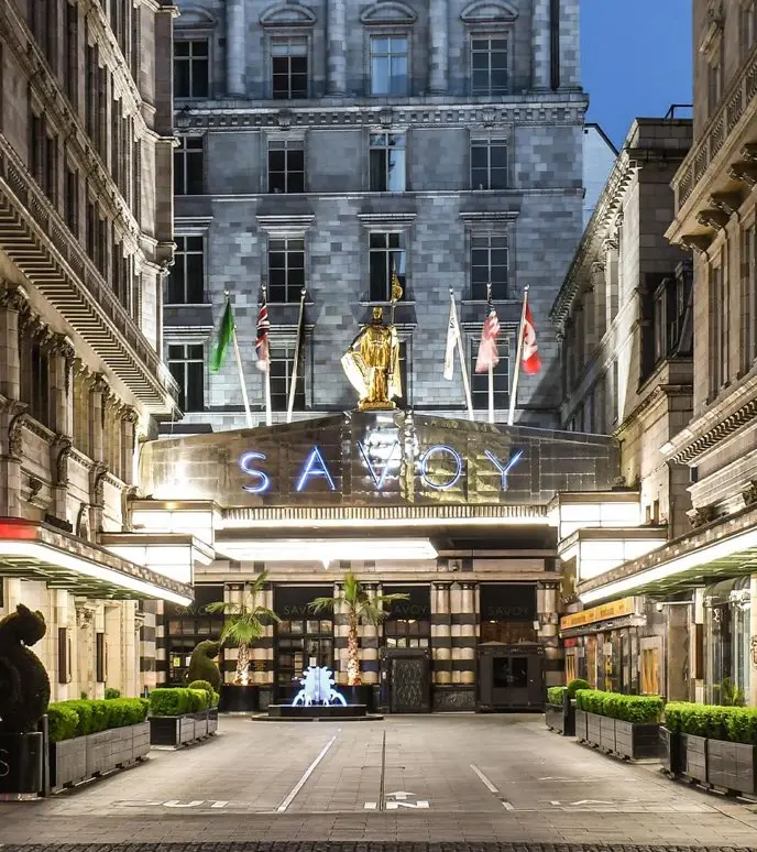 Entrance to a luxurious hotel with illuminated signage and flags at dusk.