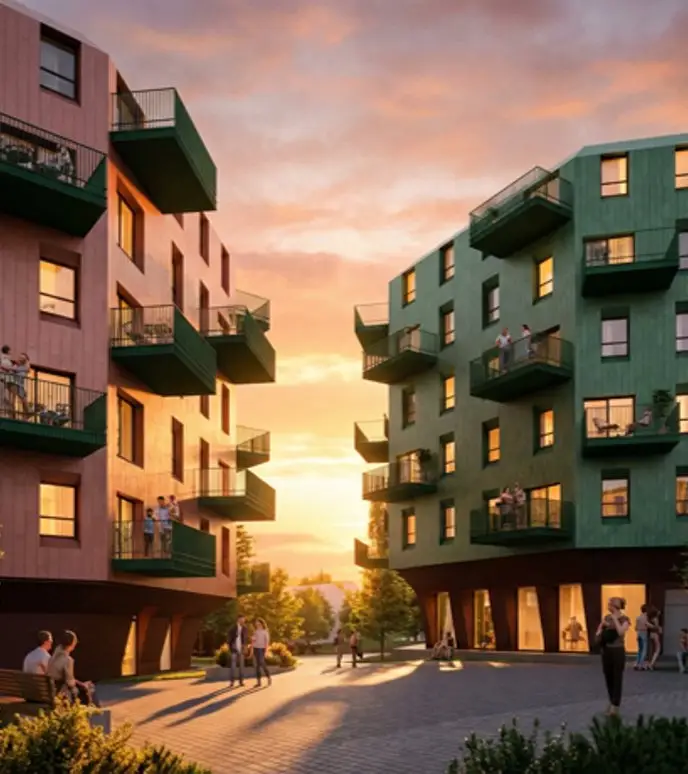 Modern apartment buildings at sunset with people walking.